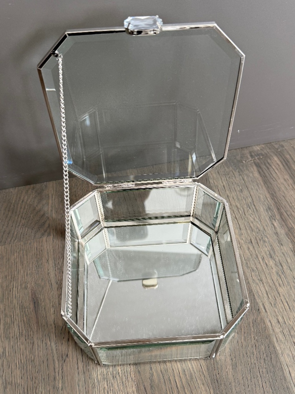 NEW Mirrored Glass Jewelry Box Trinket Box w/ Rhinestone Handle Decorative
